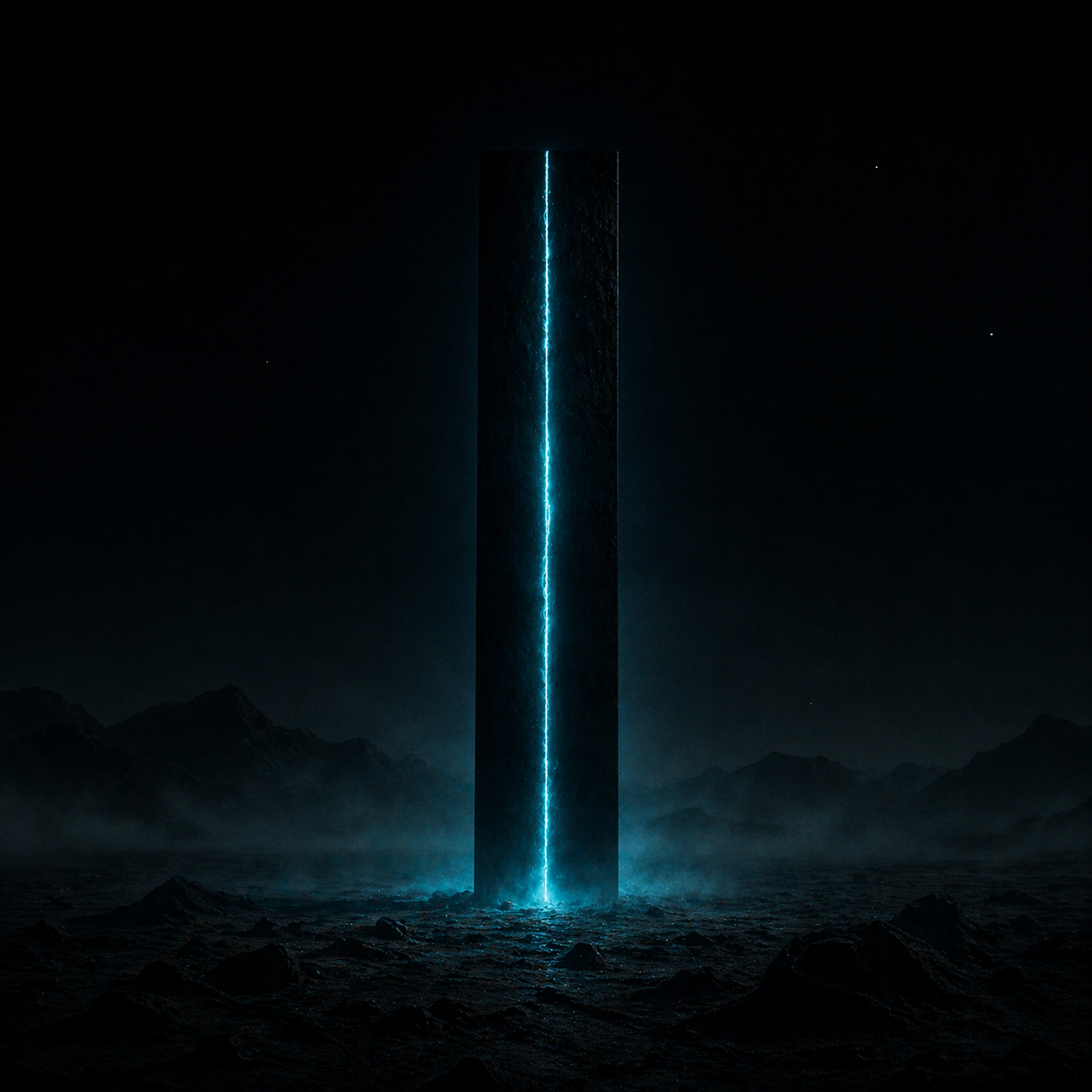 Monolith with cyan fissure — proof