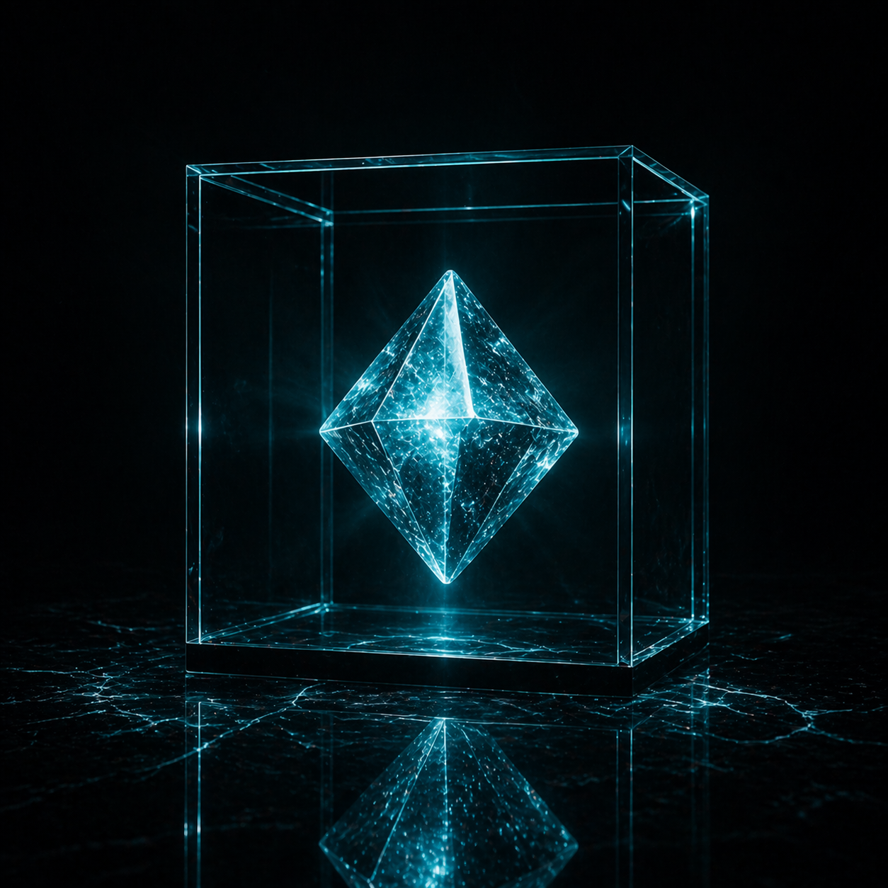 Crystal artifact in glass case